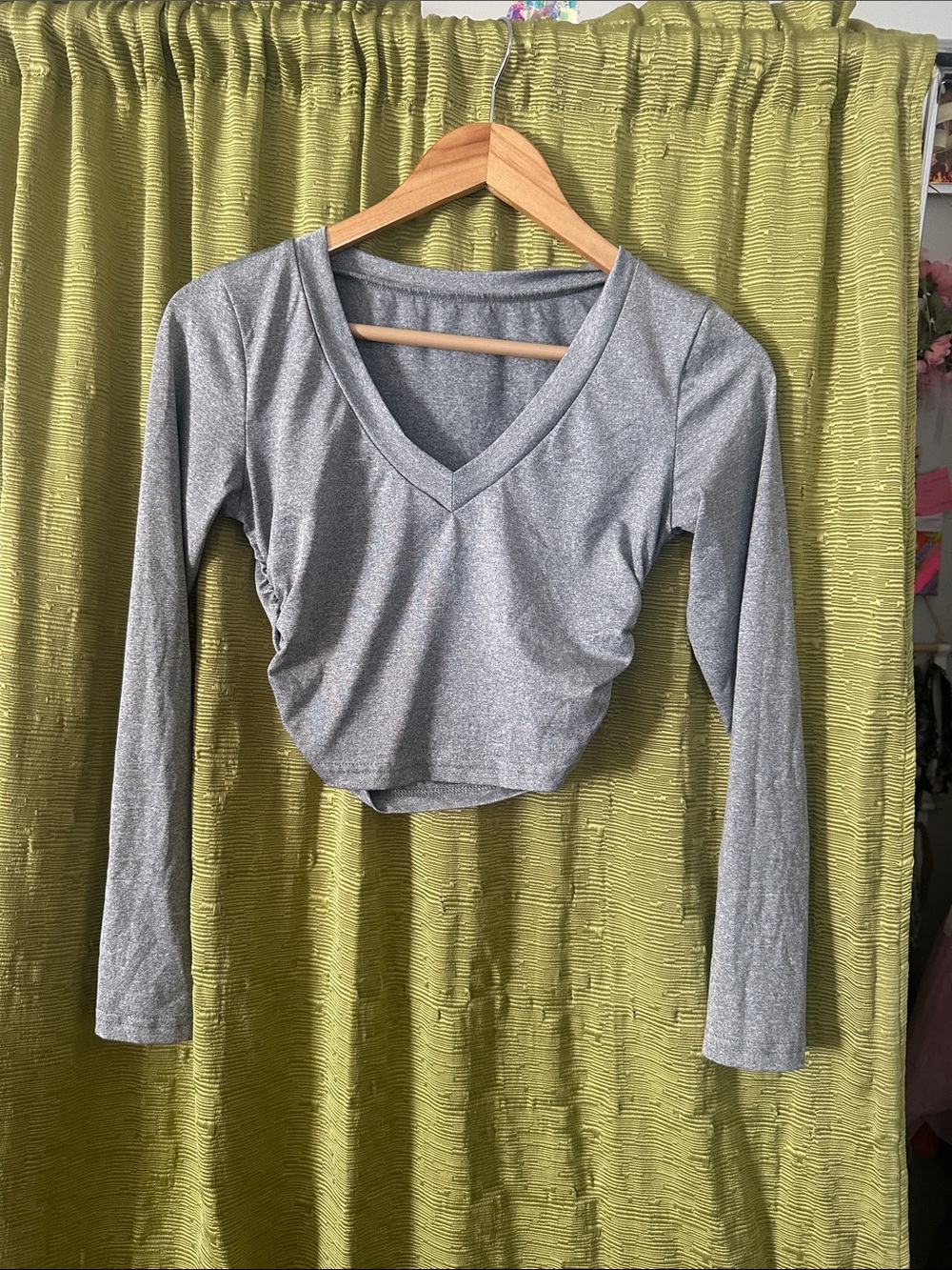 SHEIN Silver V-Neck Long Sleeve Ruched Crop Top